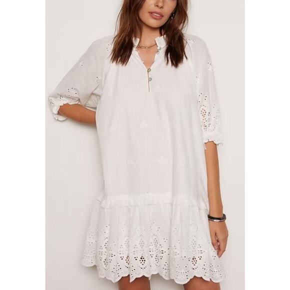 Tart Mia White Eyelet Dress Women L Ruffle Hem Peasant Dainty Cotton Cottagecore - Picture 3 of 15